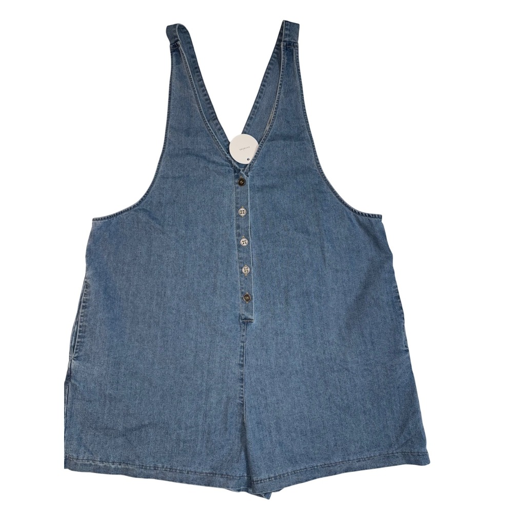 En Creme Women Blue Denim Button‎ Front Romper Light Wash Large NEW